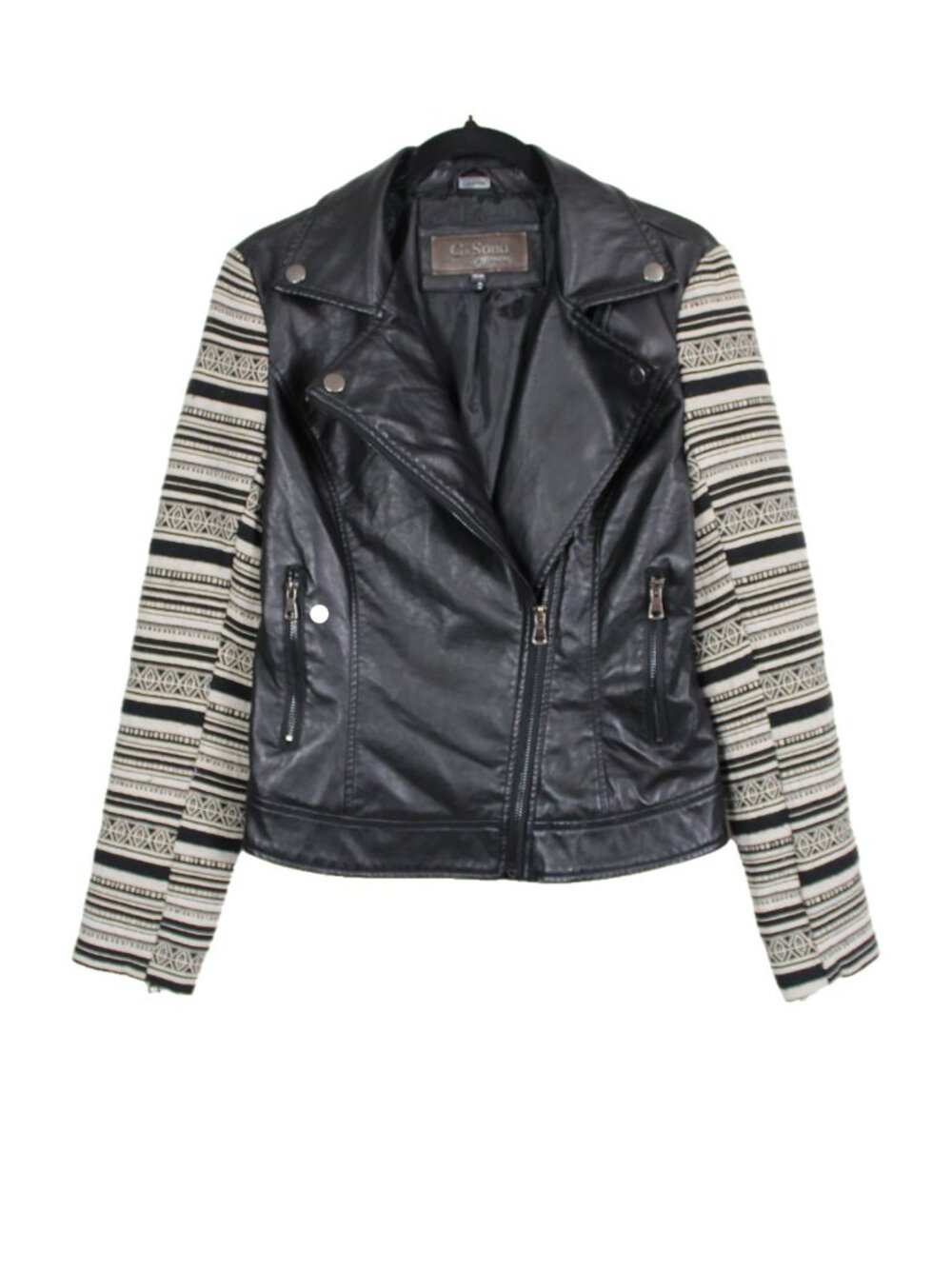 Ci Sono by Cavalin Faux Leather Contrast Striped Sleeve Moto Biker Jacket (M)